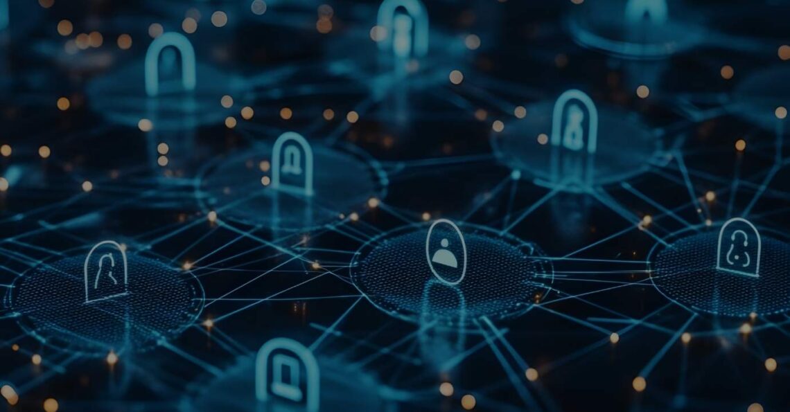 Rede digital interconectada com ícones de cadeados, simbolizando a segurança da informação e a prevenção de riscos de dados.
